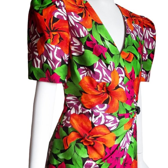 Vtg 80s Tropical Floral Curvy Cut Strong Shoulder Cotton Wrap Statement Top M - Picture 3 of 11